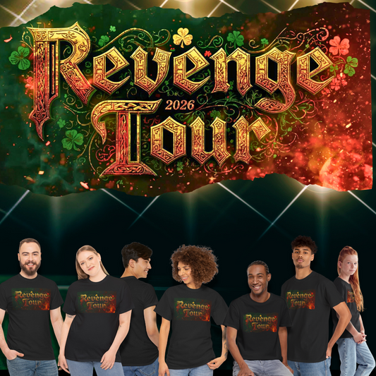 Promotional graphic for 'Revenge Tour 2026' featuring a football player and group of people wearing black shirts with text.