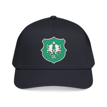 Sparkling Green Shield Baseball Cap — Sequin Crest Mid-Profile Hat