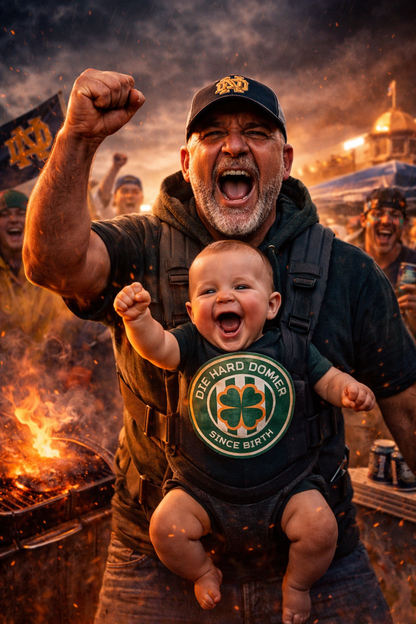 Man holding a baby with a 'Dude Hard Domter' shirt in a celebratory setting