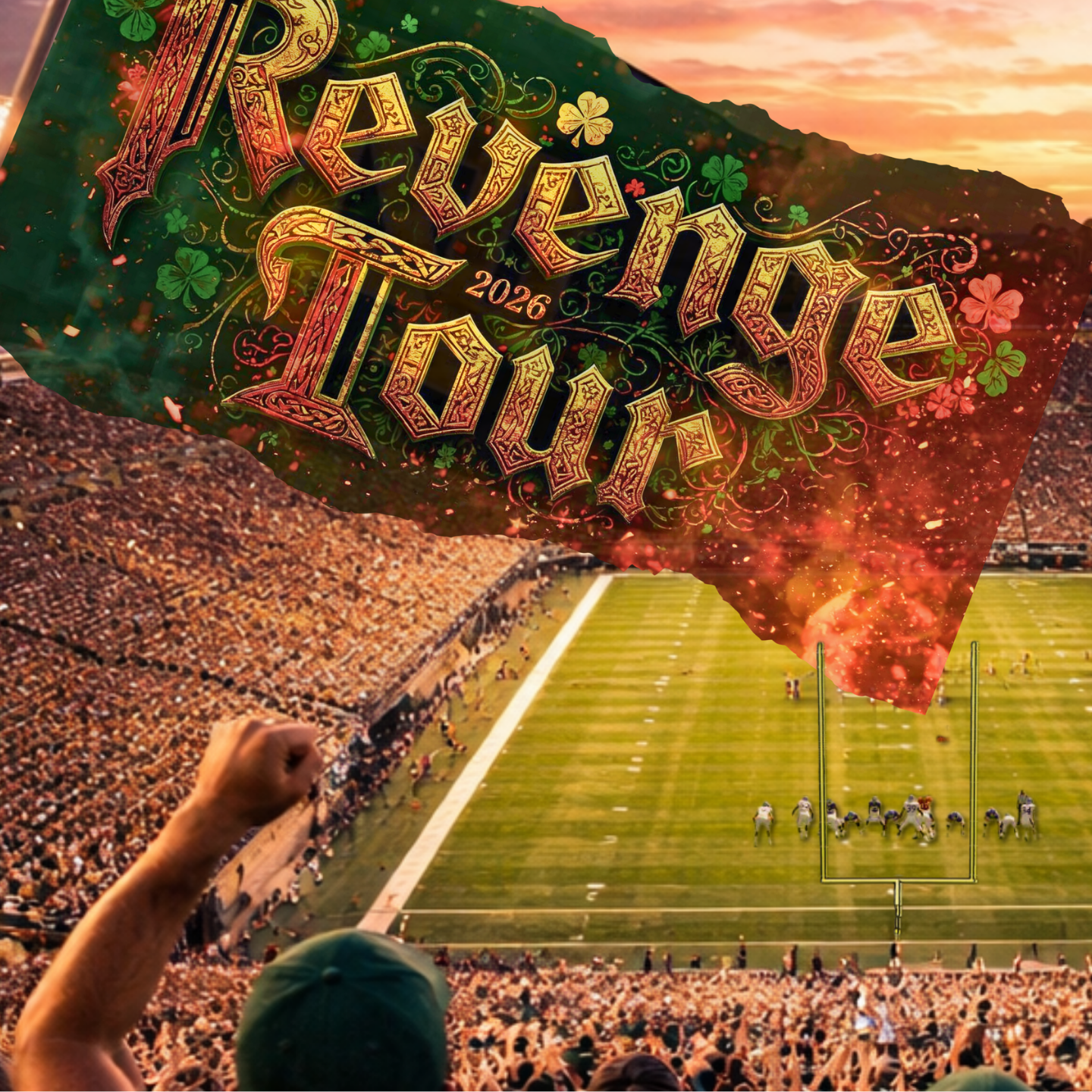 Large 'Revenge Tour 2023' sign over a football stadium with fans and a sunset.